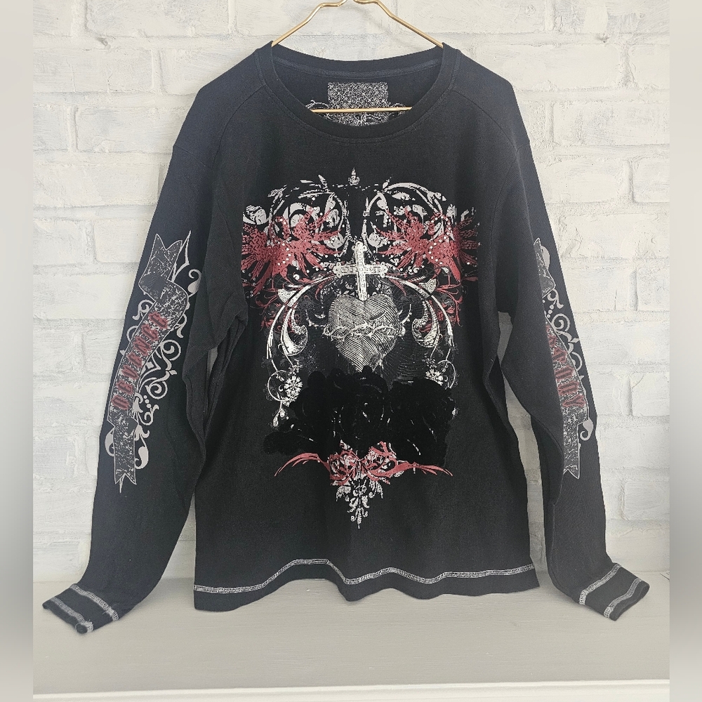Songs Of Freedom Men's Black and Red Graphic Long Sleeve Shirt Size XL